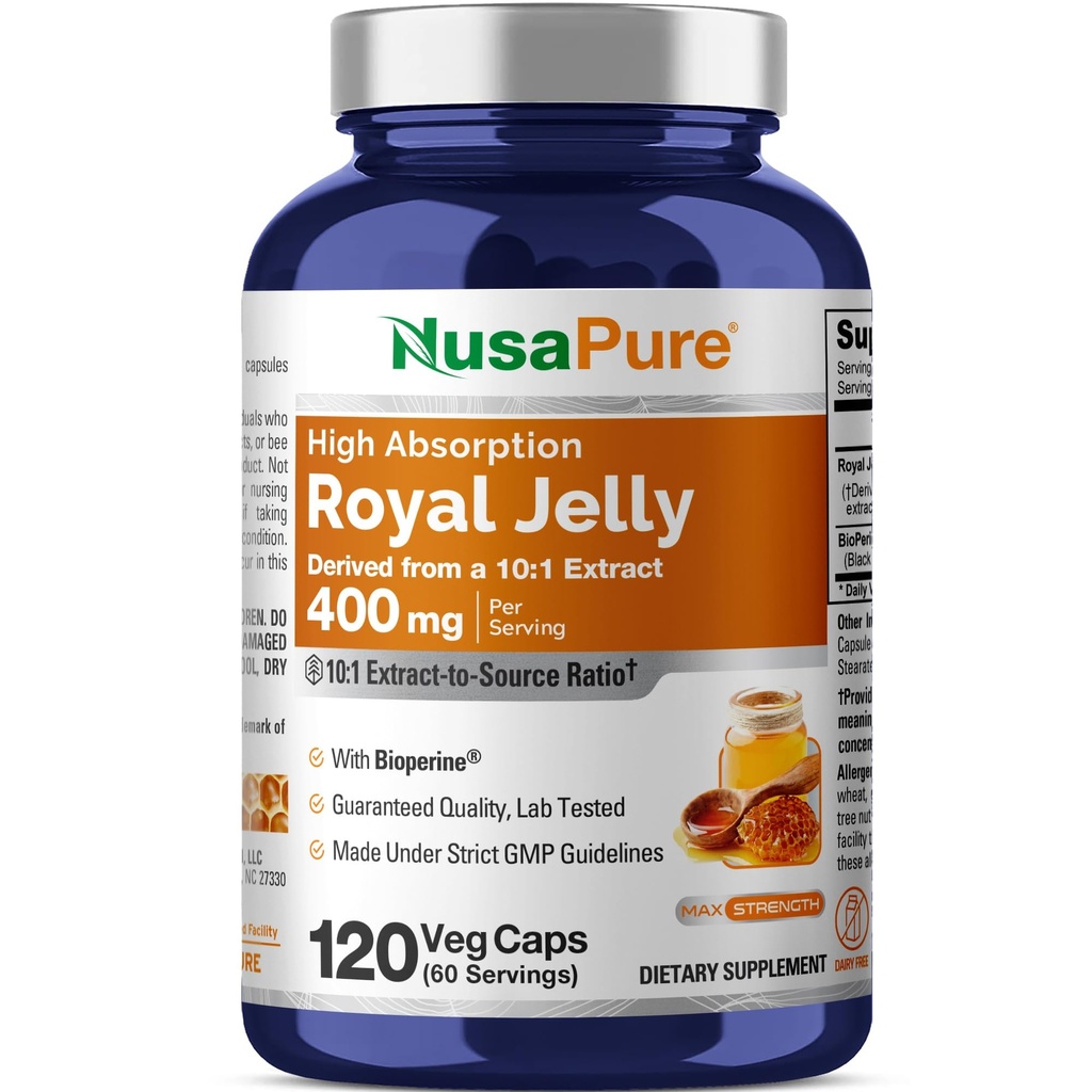 NusaPure Royal Jelly 10:1 Extract, 400 mg Equivalente a 4000mg - 120 capsule vegetali (non OGM, senza glutine, bioperina)