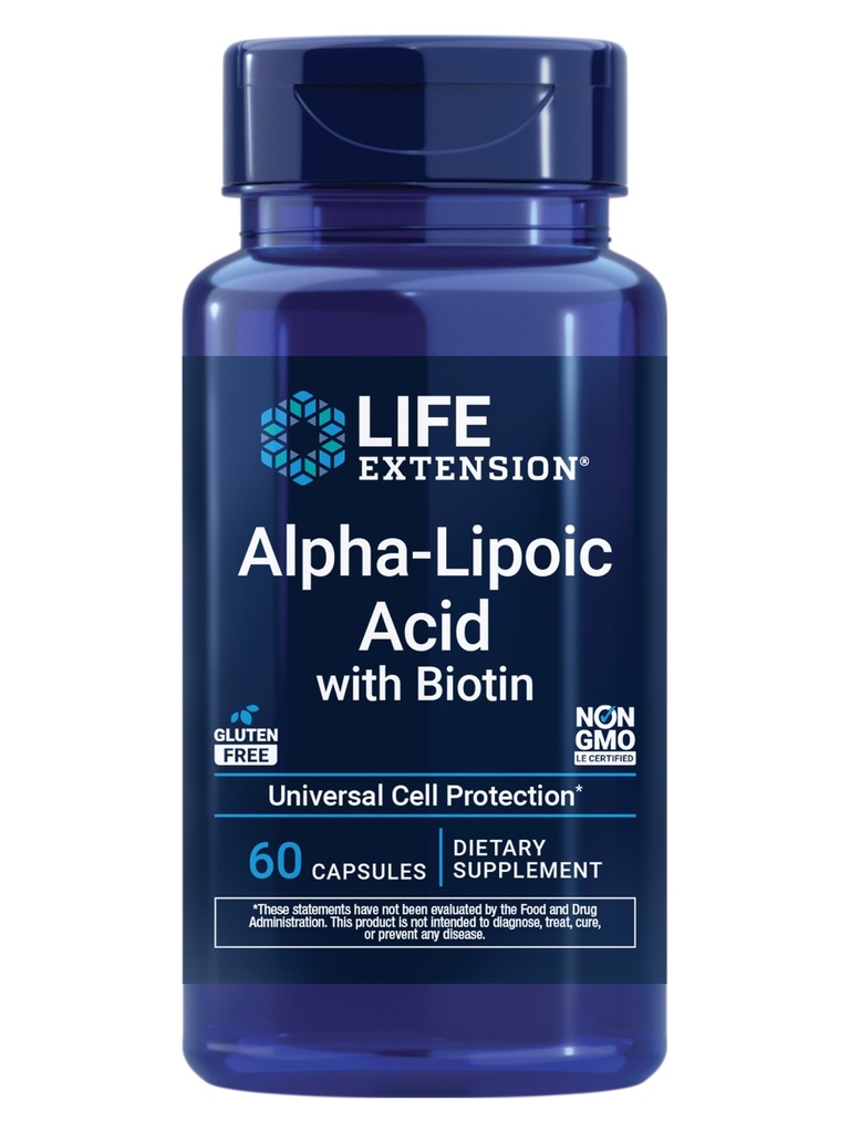 Acido alfa-lipoico con biotina, per la protezione delle cellule, antiossidante universale per la salute del fegato & Nerve, senza glutine, non OGM, 60 capsule