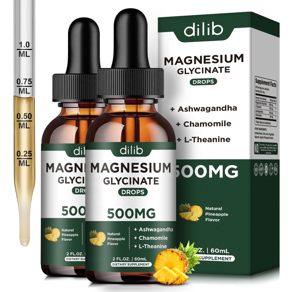 (2 Confezione) Magnesio Glycinate Supplemento, Magnesio Liquido Gocce con Magnesio Glycinate 500mg Ashwagandha, L - Theanine, Camomilla - Supporta il sonno ottimale calma Vegan