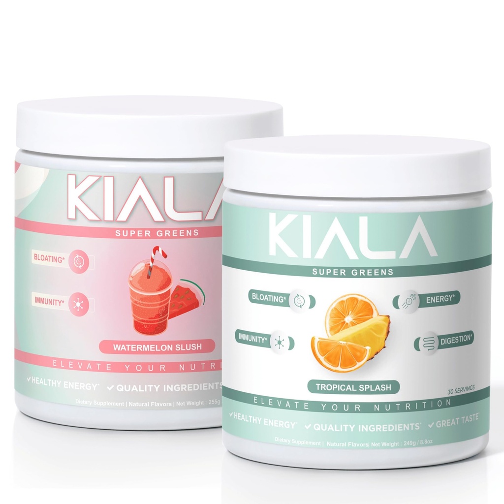 Kiala Nutrition Super Greens, Polvere verde organica, Spirulina & clorella Superfood Powder, Zucchero & Gluten Free Vegan, Miscela spettrale, Watermelon & Tropical Slush 2 Pack