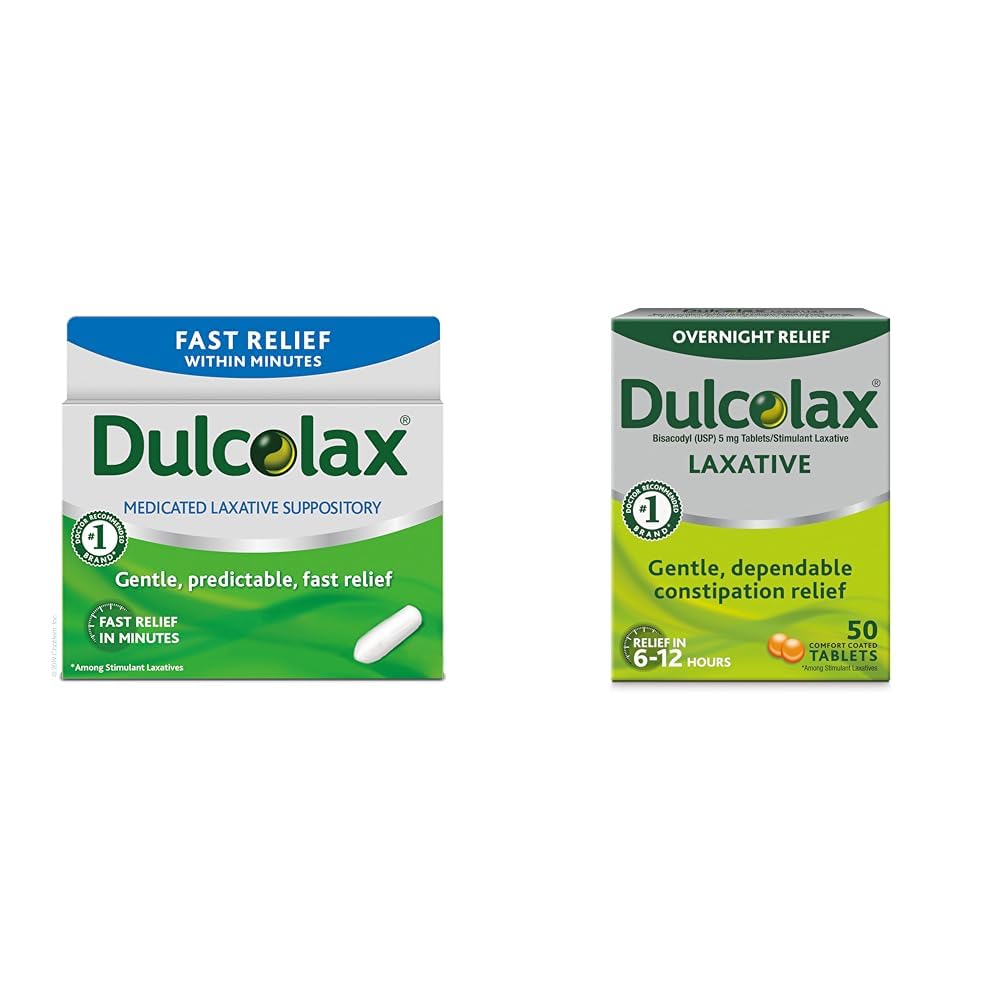 Dulcolax Fast Relief Medicated Laxative Suppositories Fast Relief, Solo uso rettale, Bisacodyl, 10 mg & Overnight Relief Laxative for Gentle Constipation Relief, Bisacodyl 5 mg Tablet, 50 Count