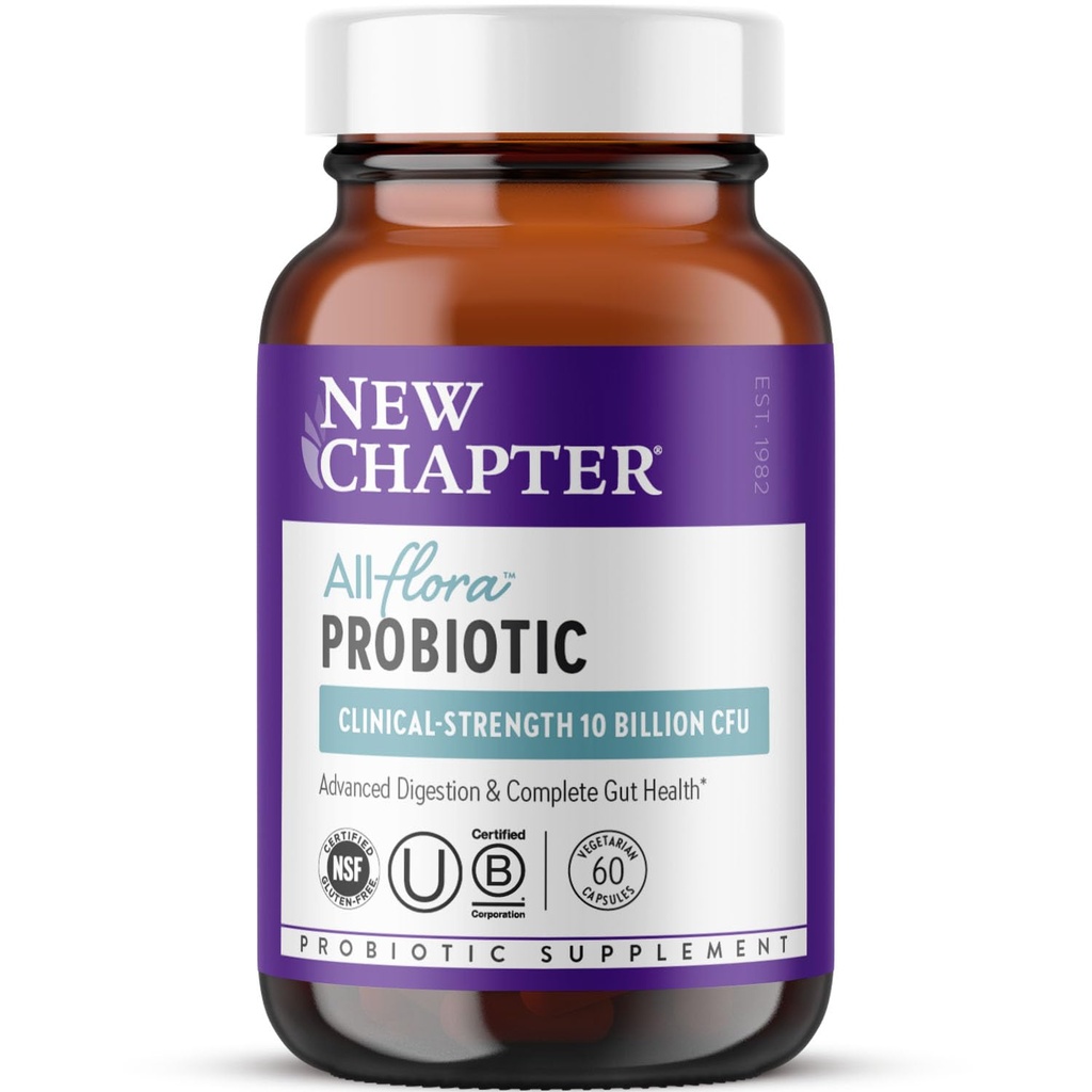 Nuovo Capitolo Probiotico All-Flora - 60 ct (2 Mesi di Alimentazione) per Digestione avanzata & Salute Gut completa con Prebiotici + Postbiotici, Strains Clinicamente Studiato, 100% Vegan, Non OGM, Stabile di Mensola