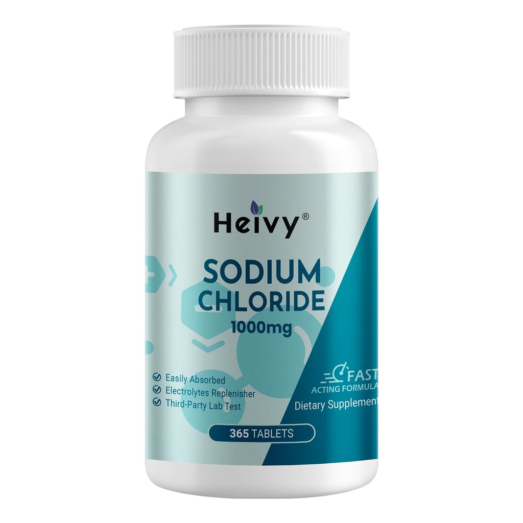 Tovaglie di cloruro di sodio di Heivy 1000mg - Compresse di sale puro, 365 compresse, cloruro di sodio, non OGM - Supporto di bilanciamento e di idratazione dell'elettrolita, Bevande di idratazione di elettroliti