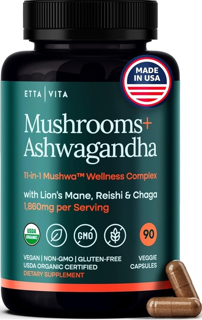 USDA Organic Lions Mane Supplemento capsule con Ashwagandha, Chaga, Reishi, Cordyceps, Turchia Tail (18.600mg/serv) 10x Adaptogenic Mushroom Complex as Focus Supplement - Energy, Immunity & Nootropic