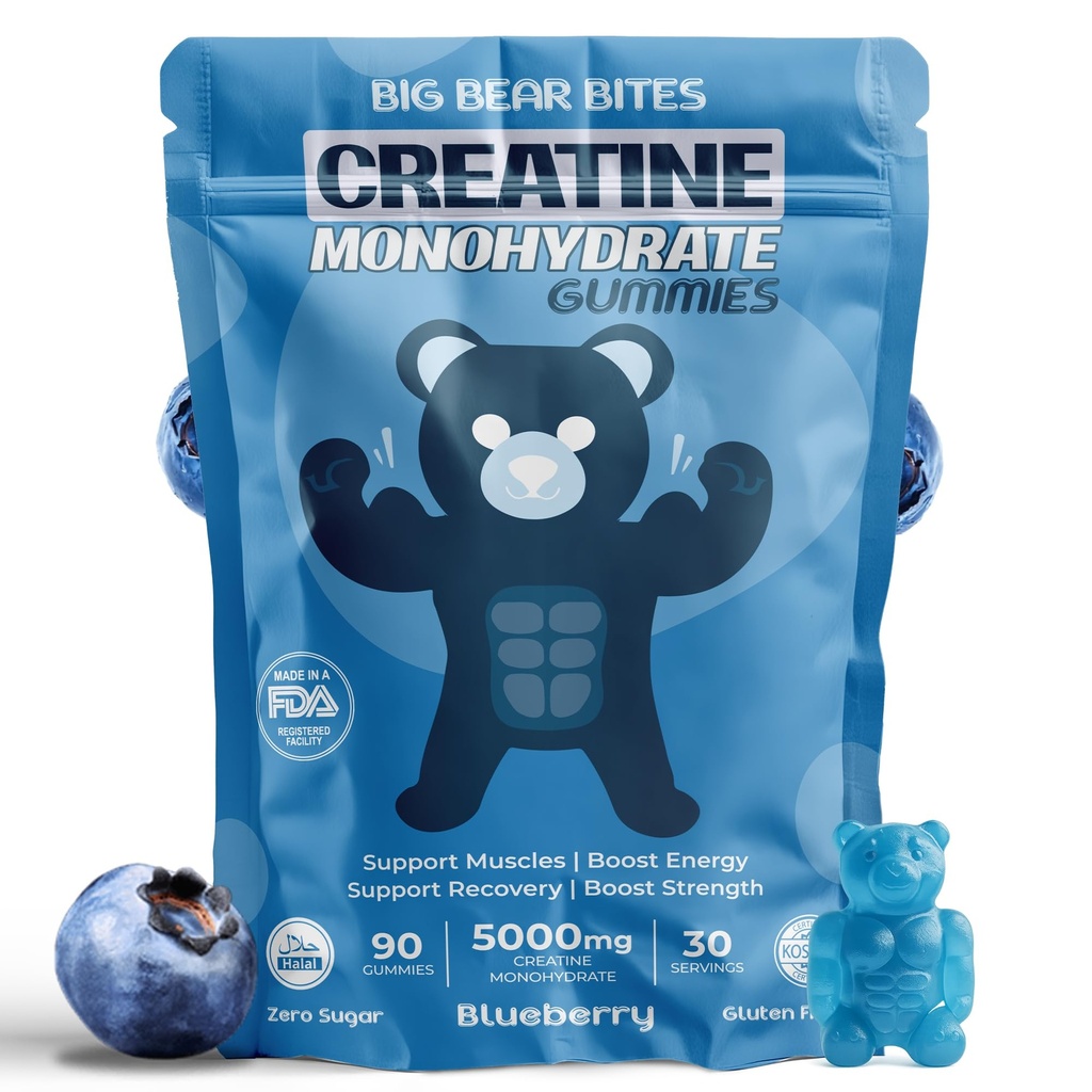 Creatina Monoidrato Gummies per Uomini e Donne | 5000mg di Creatina Gummies per Serving | Zucchero, Gluten Free & Halal | Confezione di 90 per Pre Workout & Muscle Recovery | Blueberry Flavor