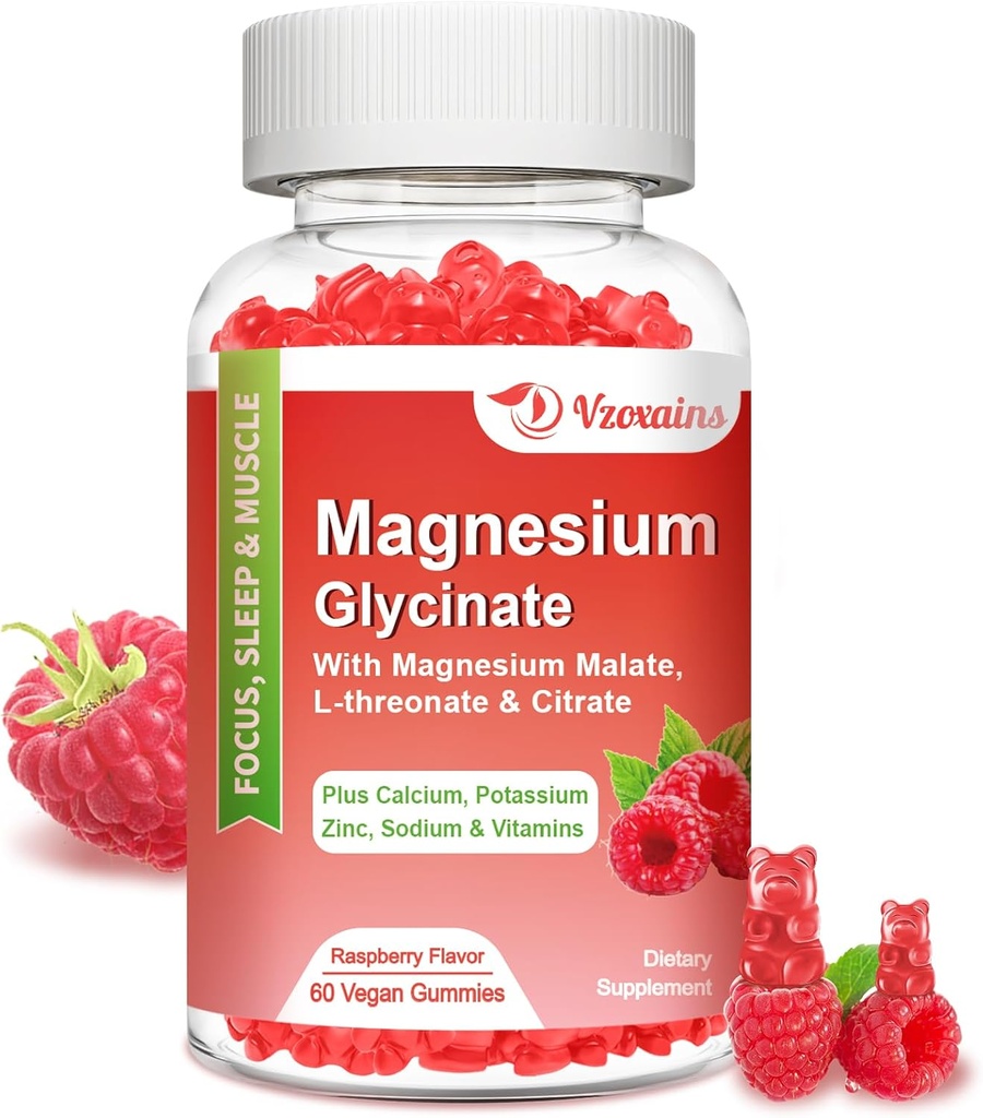 Magnesio Glycinate Gummies 600 mg, Magnesio Gummies per adulti e bambini, Supporto per il rilassamento e il muscolo, 60 peperoni aromatizzati al lampone