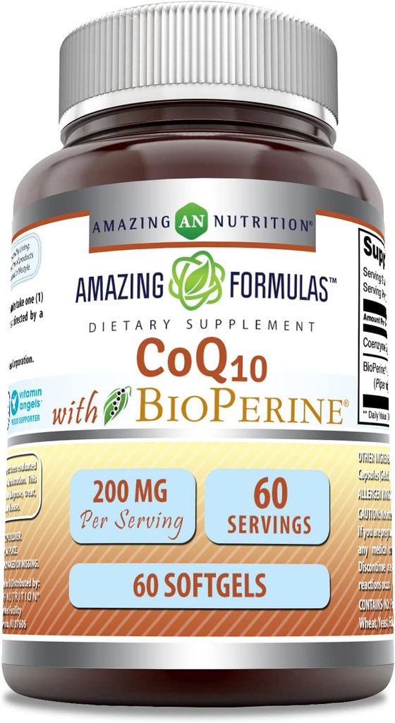 Incredibile Formulas CoQ10 con Integratore Bioperine | 200 Mg per Serving | 60 Softgels | Non-GMO | Gluten-Free Made in USA