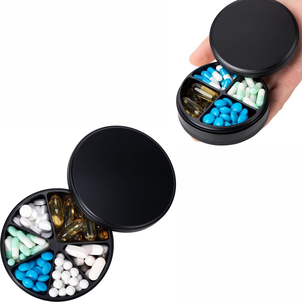 6 Compartment Pill Organizer & 4 Compartment Pill Box - Impermeabile Metal Pill Organizer, Lega di alluminio Round Daily Medicine Container per Vitamina, Medicina, Supplemento, Fish Oil