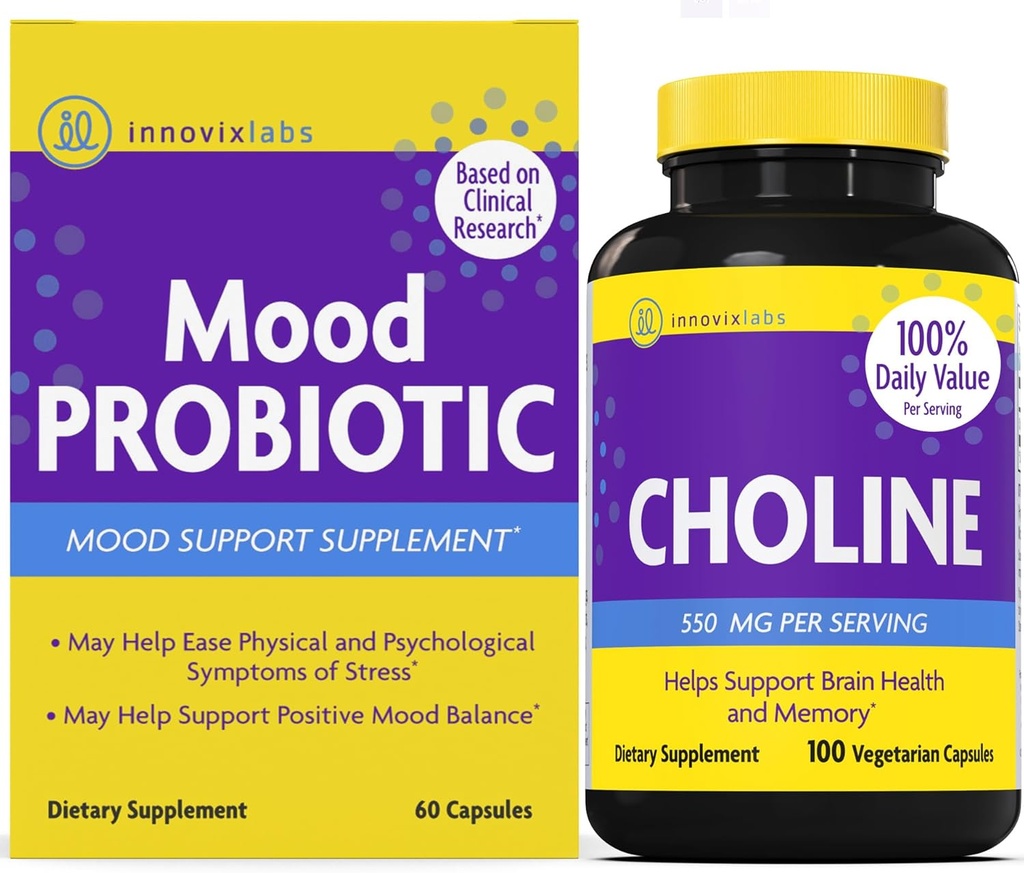 InnovixLabs Choline & Mood Probiotic Bundle Choline Bitartrate 550 mg (100 capsule) Mood Probiotic (60 capsule). Supporta la memoria, l'umore, la salute del cervello & Boost cognitivo.*