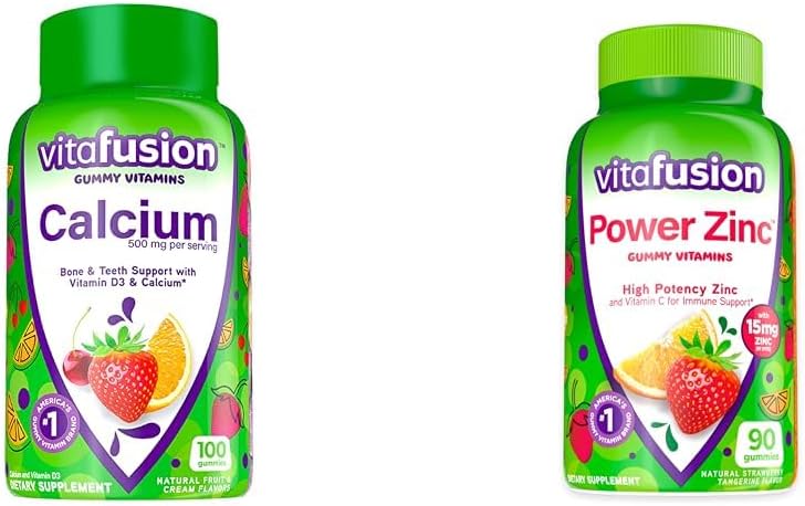 Vitafusion Calcium Gummy Vitamine per il supporto Bone, 100 Conte & Potenza Zinc Gummy Vitamine per il supporto immunitario, 90 Conte