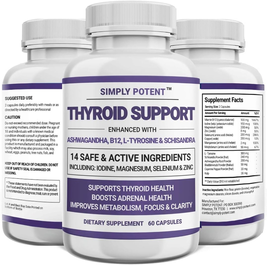 Semplicemente Potente supporto tiroide e supporto adrenale Supplemento 2-in-1 Formula naturale con Iodine & Ashwagandha per l'energia, il metabolismo, messa a fuoco per le donne & uomini, 60 caps