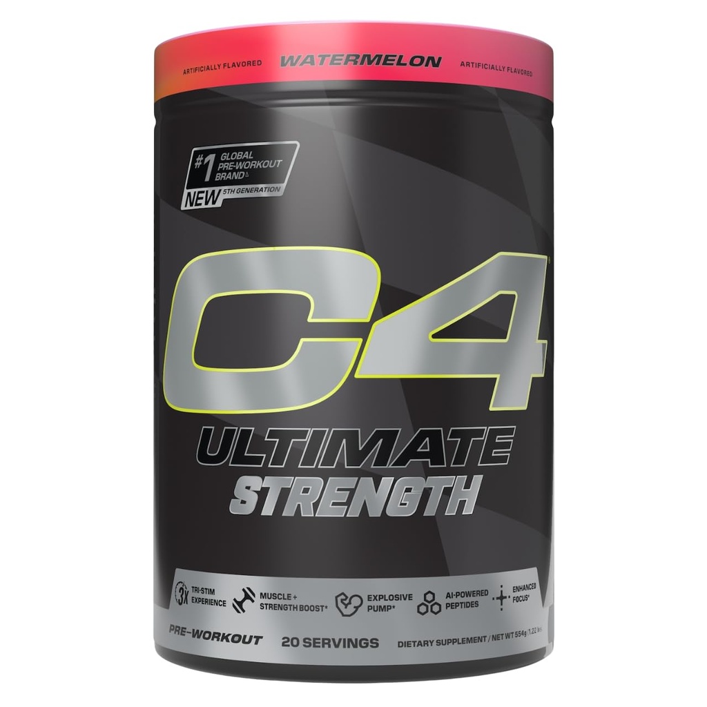 Cellucor C4 Ultimate Strength Pre Workout Powder - Tri-Stim Experience 300mg Caffeine+TeaCrine+Dynamine - Creatina & Beta-Alanina - Integratore energetico per uomini e donne - Watermelon, 20 Serve