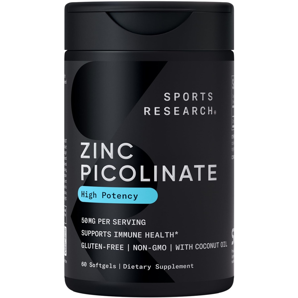 Ricerca sportiva Zinc Picolinate 50 mg con olio di cocco biologico | Integratore di zinco altamente assorbibile per la funzione immunitaria sana - Non OGM Verificato, Gluten & Soy Free (60 Liquid Softgels)