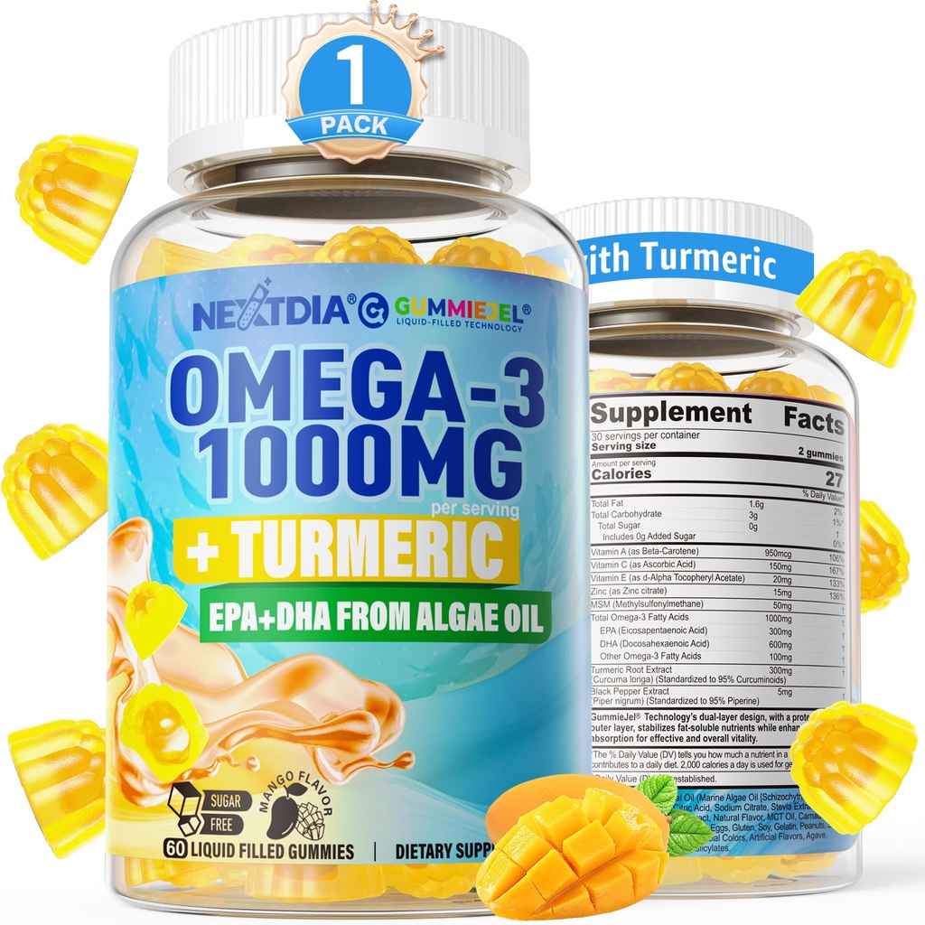 Vegan Omega-3 Gummies 1000mg + Turmeric - Omega 3 Fish Oil alternativa per gli adulti - Algae DHA 600mg & EPA 300mg, Vitamine A, C, E, Zinc & MSM, Sugar Free, 60 Cts