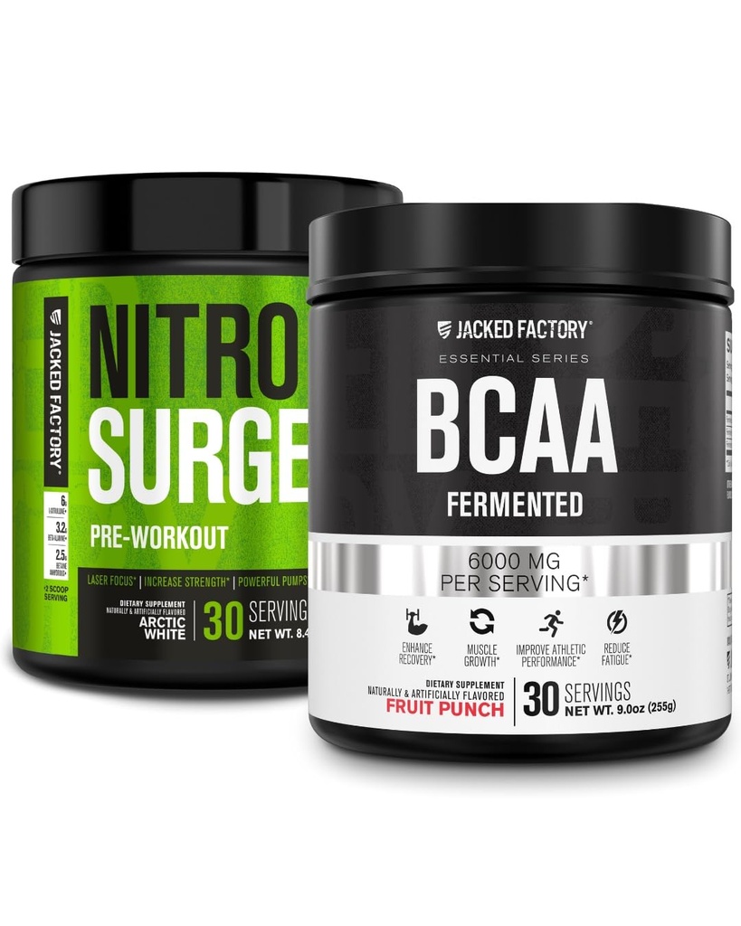 Jacked Factory Nitrosurge Pre-Workout in Arctic White & BCAA in Fruit Punch per la costruzione del muscolo e il recupero