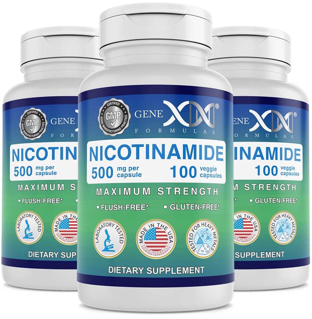 Genex Formulas Nicotinamide 500mg (3-Pack) Vitamina B3 Flush Capsule niacina gratis per pelle sana - Niacinamide Supplemento pillole aiutano a produrre Keratin & Support Skin Cell Health & Energy (300 capsule)