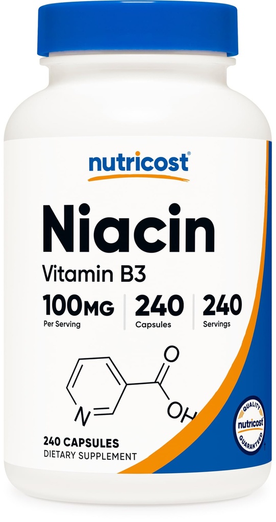 Niacin Nutricost (Vitamina B3) 100mg, 240 Capsule - con Flushing, Non OGM, Gluten Free