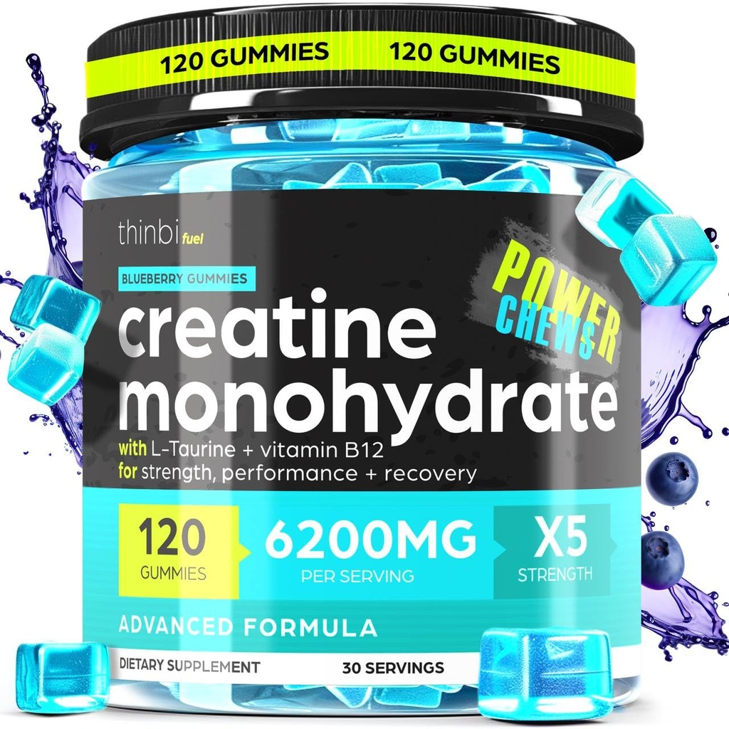 Creatina Monohydrate Gummies Complex 6200mg per uomini e donne - 120 Gummies Advanced Formula W/L-Taurine + Vitamina B12 per la forza muscolare, Muscle Builder, Energy Boost, Pre-Workout Supplement - Thinbi