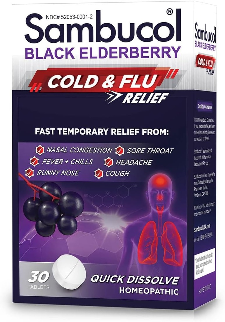 Sambucol Cold and Flu Relief Tablets - Medicina Fredda Omeopatica, Rimedio Freddo per Adulti, Black Elderberry per Freddi, Zinc Cold Remedy - 30 Count
