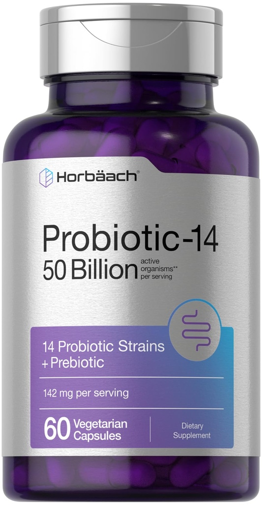 Horbaach Probiotics for Women and Men | 60 Capsule | 14 Strains Probiotici con Prebiotico | 50 miliardi Atto Attivo | Non OGM & Gluten Integratore Libero
