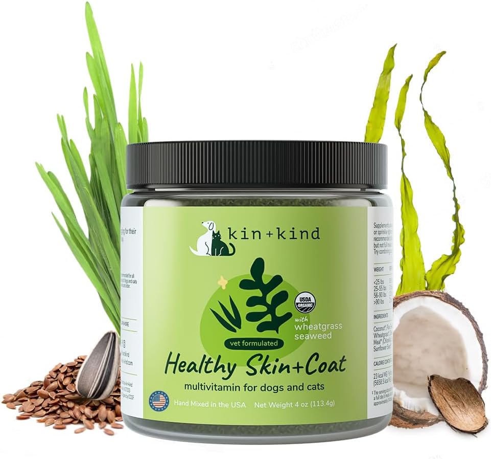 kin+kind Organic Multivitamin per cani e gatti - Supplemento per animali domestici per pelle sana e cappotto - Sicuro, Formula naturale con Wheatgrass, Kelp, alghe e cocco - Made in USA - 4 oz (Medium)