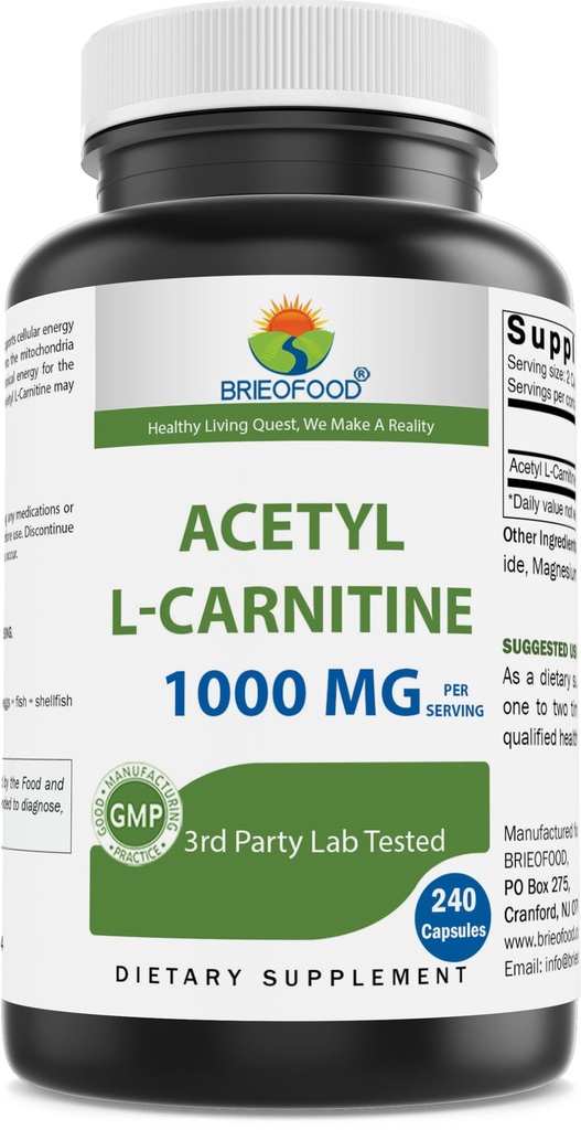 Brieofood Acetyl L-Carnitina 1000 mg Per Serving- 240 capsule. Senza glutine, non OGM.