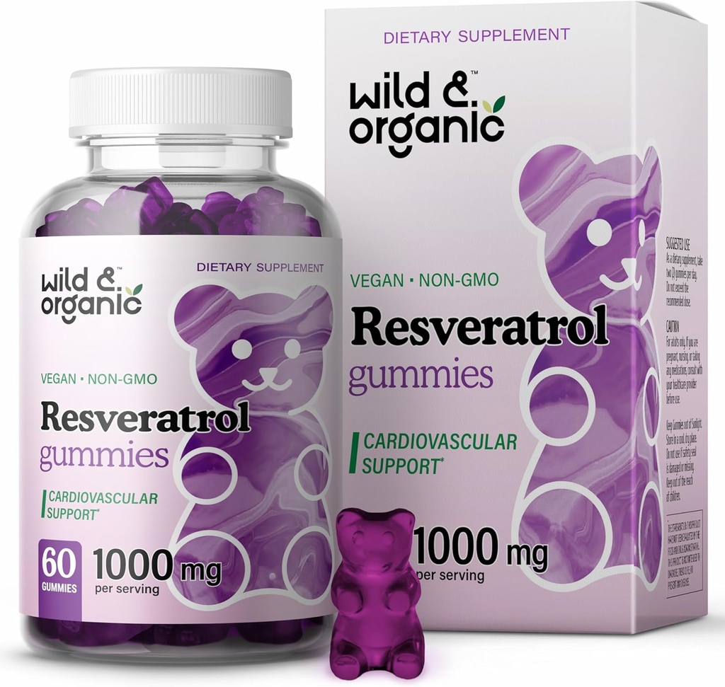 Wild & Organic Resveratrol Gummies 1000mg - Trans Resveratrolo Supplemento per Antiossidante, Cervello, Supporto Immune - 60 Vegan, Antiossidante non OGM