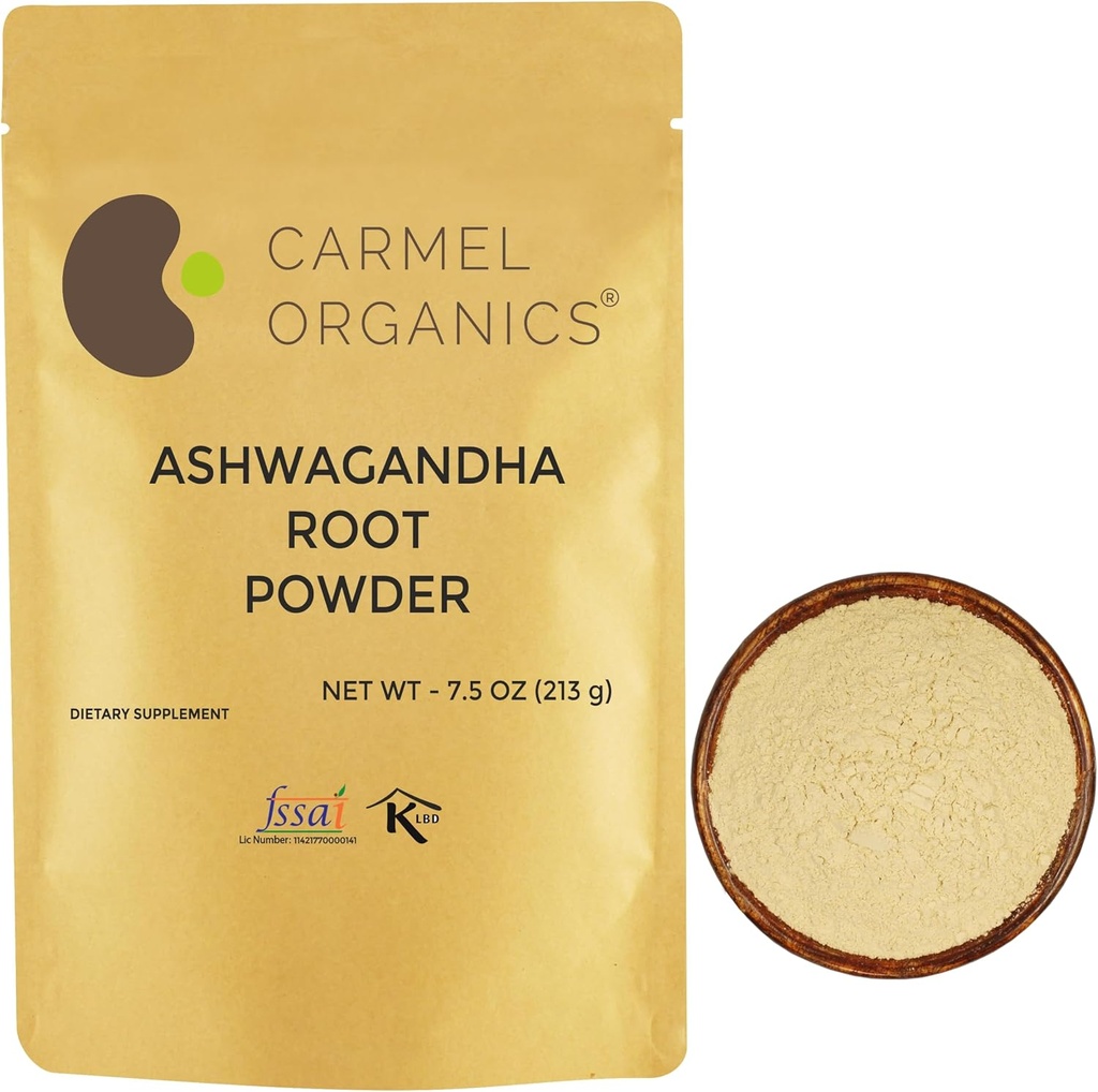 CARMEL ORGANICS Ashwagandha Root Powder 7.5 Ounce, Non OGM & Gluten Free, Naturale, Withania Somnifera, Nessun Preservativi Aggiunto, Direttamente provenienza dagli agricoltori indiani