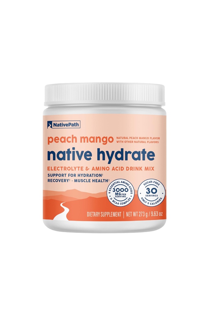 NativePath Native Hydrate, Zucchero Zero, Elettroliti Polvere con BCAA, Peach Mango Hydration, Keto & Paleo Friendly, 30 Serve