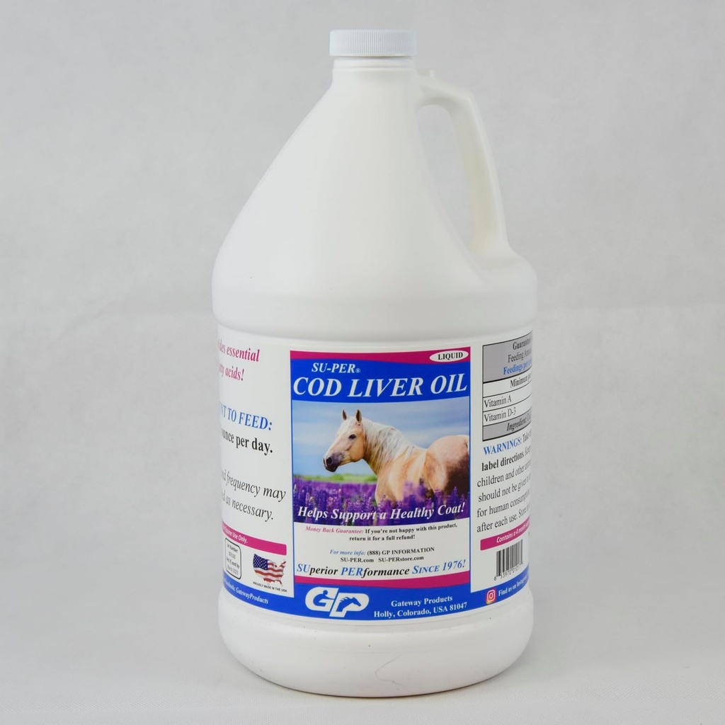SU-PER Cod olio di fegato per cavalli - Supplemento olio di cavallo con acidi grassi essenziali, Omega 3, vitamine A & D - Supporta Cappotto di cavallo sano & pelle - 1 gallone, 4 mesi di alimentazione