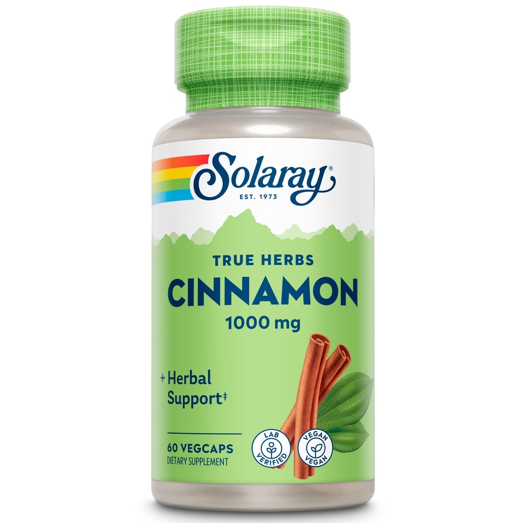SOLARAY True Herbs Cinnamon Bark 1000mg - Integratori di cannella - Supporto di erbe per il benessere generale - Progetto non OGM verificato - Capsule vegani, Garanzia di 60 giorni - 30 Serve, 60 VegCaps