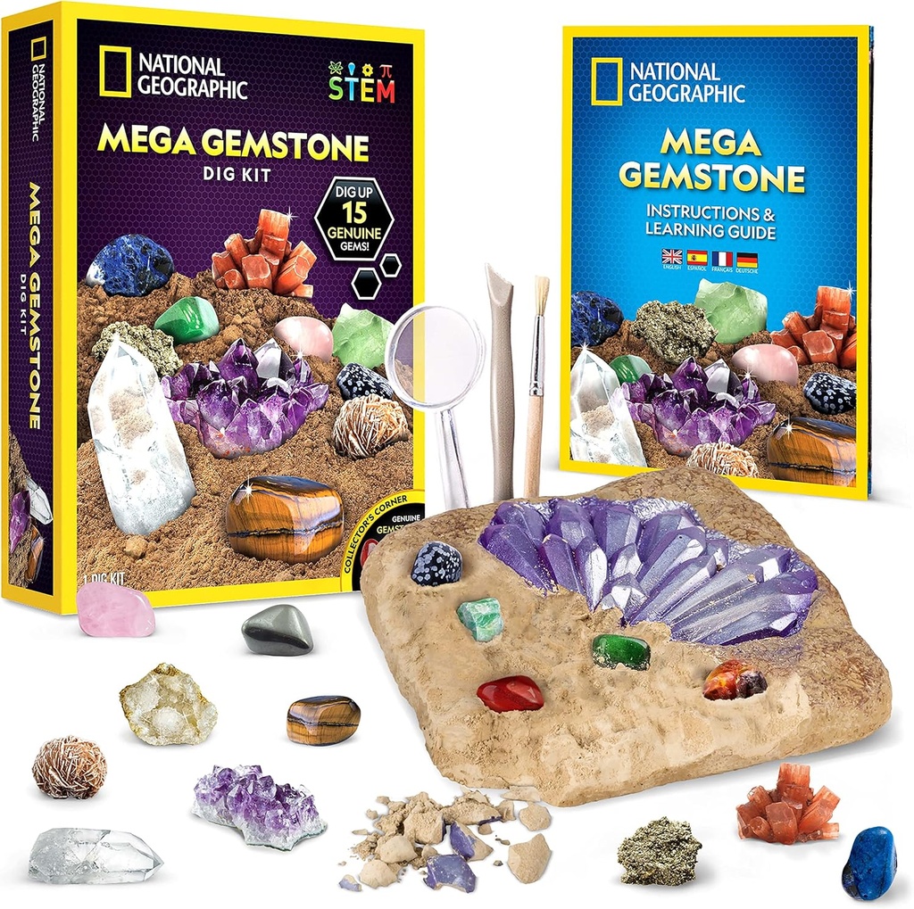 NATIONAL GEOGRAPHIC Mega Gemstone Dig Kit – Dig Up 15 gemme reali e cristalli, Kit di scienza per bambini, Gem Digging Kit, Regalo per ragazze e ragazzi, Mining Kit, Rock Collection