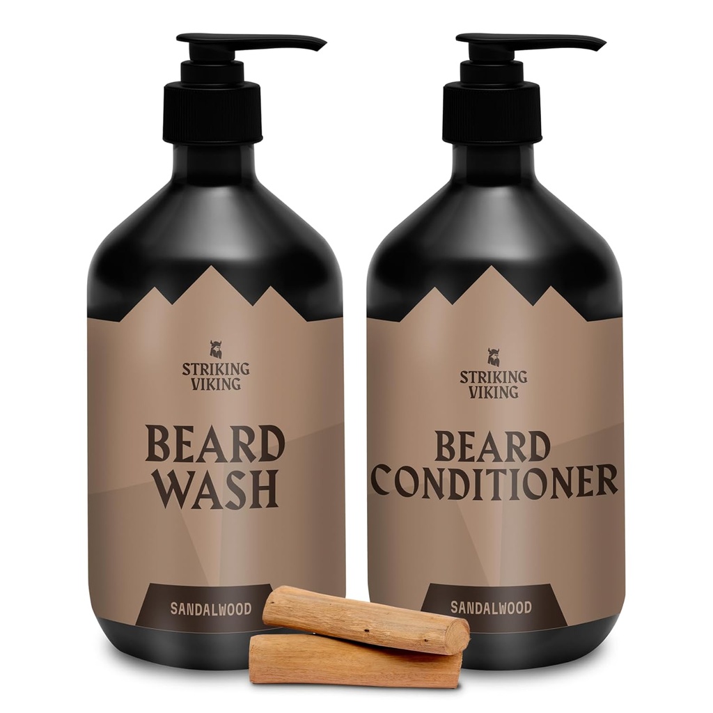 Striking Viking Beard Care Set (Sandalwood) - Paraben & Sulfate Shampoo gratuito con olio Jojoba - Deep Clean per tutti i tipi di cuscinetto (10oz per bottiglia)
