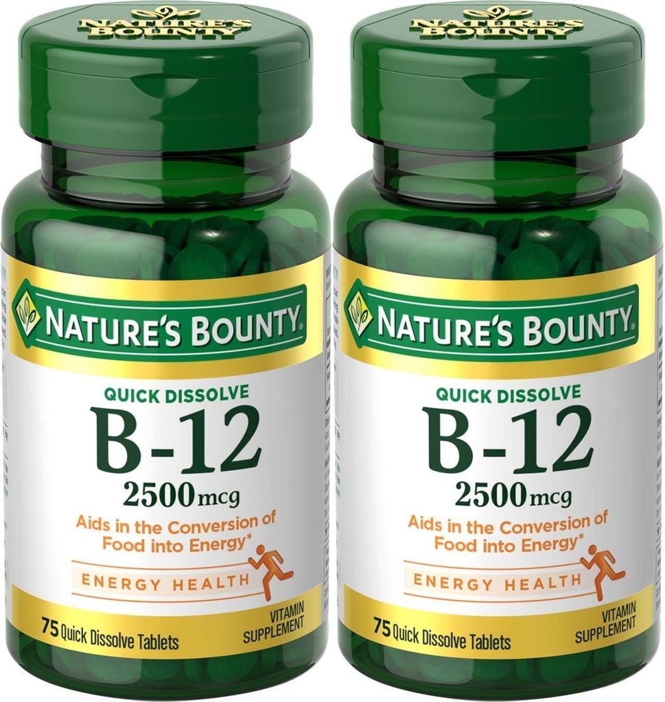 Natura Bounty Vitamina B-12, Dissolve rapida, 2500 mcg, Natural Cherry Flavor 75 ct (2 Confezione)