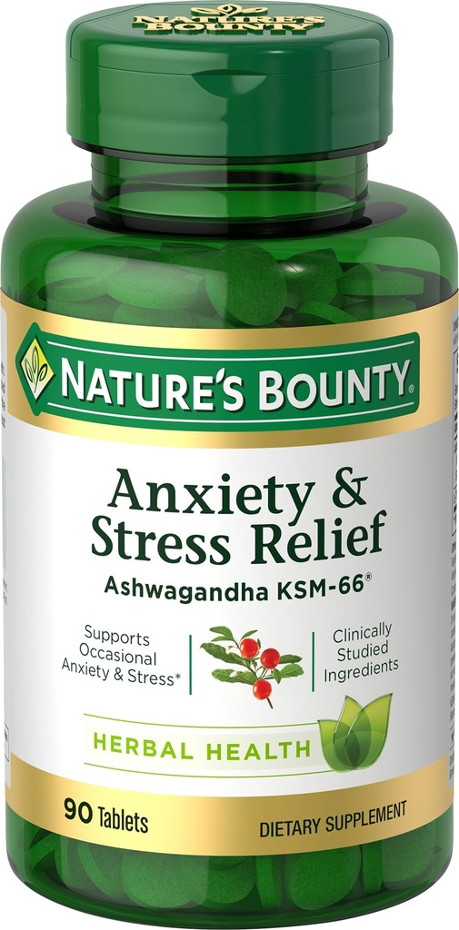 Natura's Bounty Stress Relief, Ashwagandha KSM-66, Supports Occasional Stress Relief, Integratore alimentare, 2 compresse al giorno, Compresse vegetariane, Gluten Free, 90 Ct