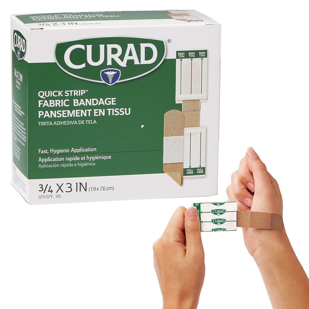 Banda sterile adesiva del tessuto di striscia rapida CURAD con applicazione veloce, 3/4" x 3", scatola di 100