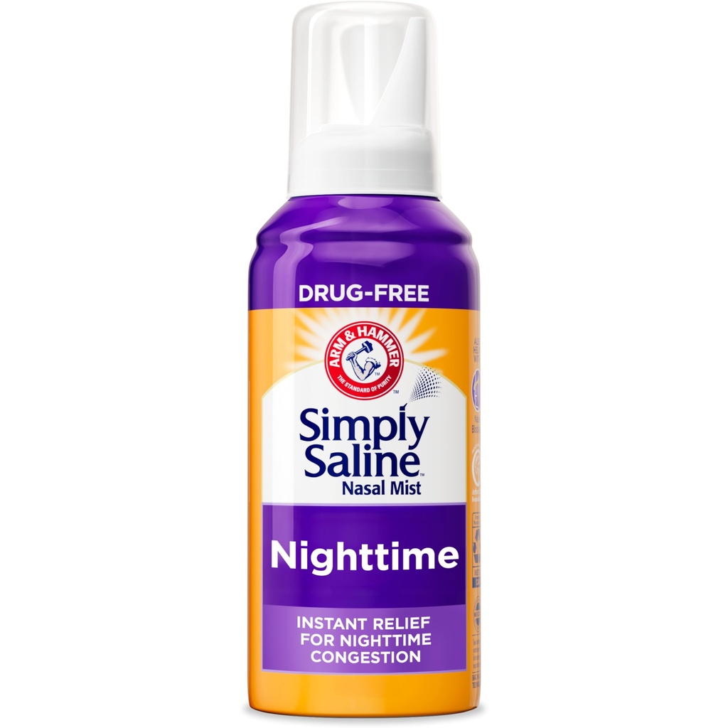 ARM & HAMMER Semplicemente Saline Nighttime Droghe per Congestione nasale a notte, Eucalipto calmante, Sicuro da usare con Rx e OTC, Per adulti e bambini Età 2+, 4.6 oz (129 g)