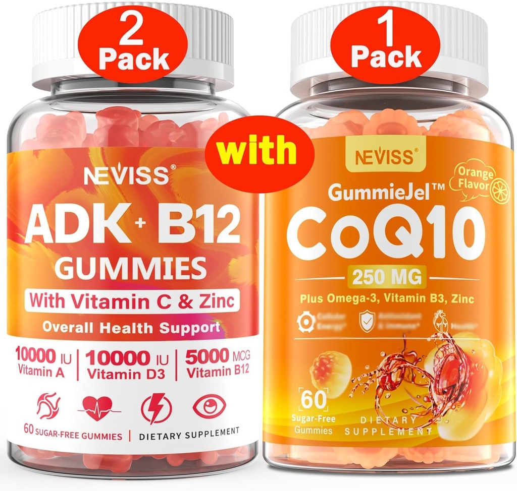 NEVISS 2Pack Vitamin ADK con B12 Gummies + 1Pack CoQ10-250mg Filled Gummies