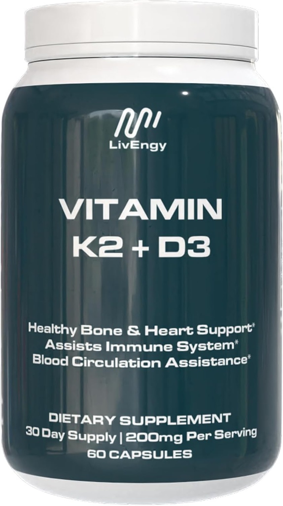 Vitamina K2 D3 Supplemento - Alta Potenza - Supporta Bone, Cuore, Salute Immune - Non OGM, Senza Glutine, Vegetariano - 60 capsule (60 Serve) - Formula Premium Quality K2+D3
