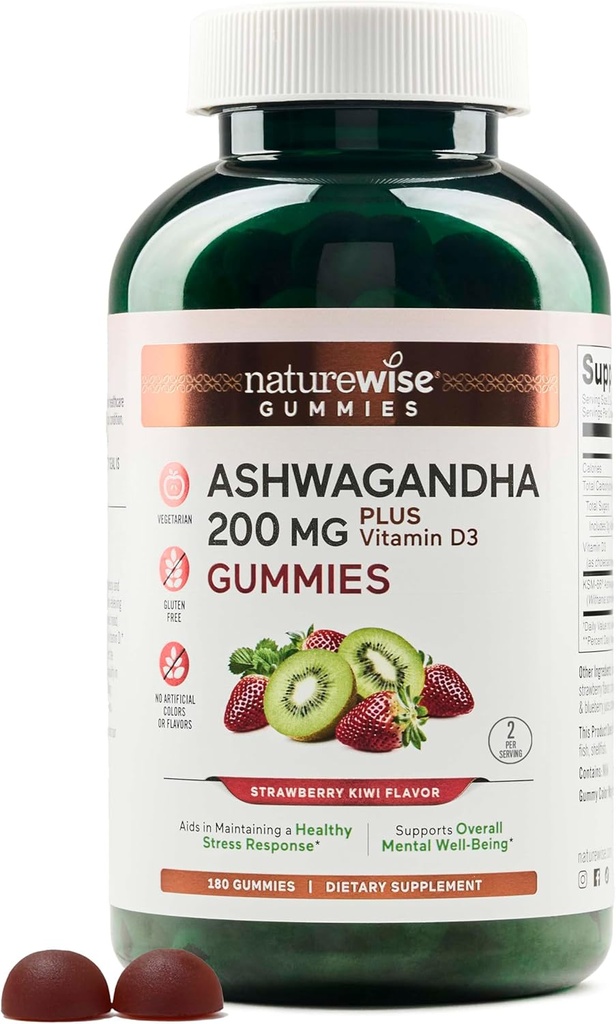 NatureWise Ashwagandha Gummies - Fragola Kiwi - KSM-66 con vitamina D3 - Supporto calmante per l'umore - Vegetariano - Non OGM, Gelatina e Gluten Free - 180 Conte[3-Month Alimentazione]