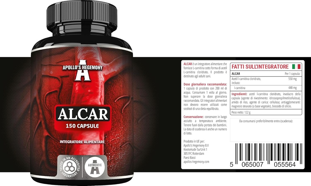 APOLLO'S HEGEMONY Acetyl L-Carnitina HCL 550 mg, ALCAR 150 capsule vegane, 5 mesi di alimentazione, supplemento di aminoacidi ad alta resistenza, supporta funzioni cognitive e livelli di energia