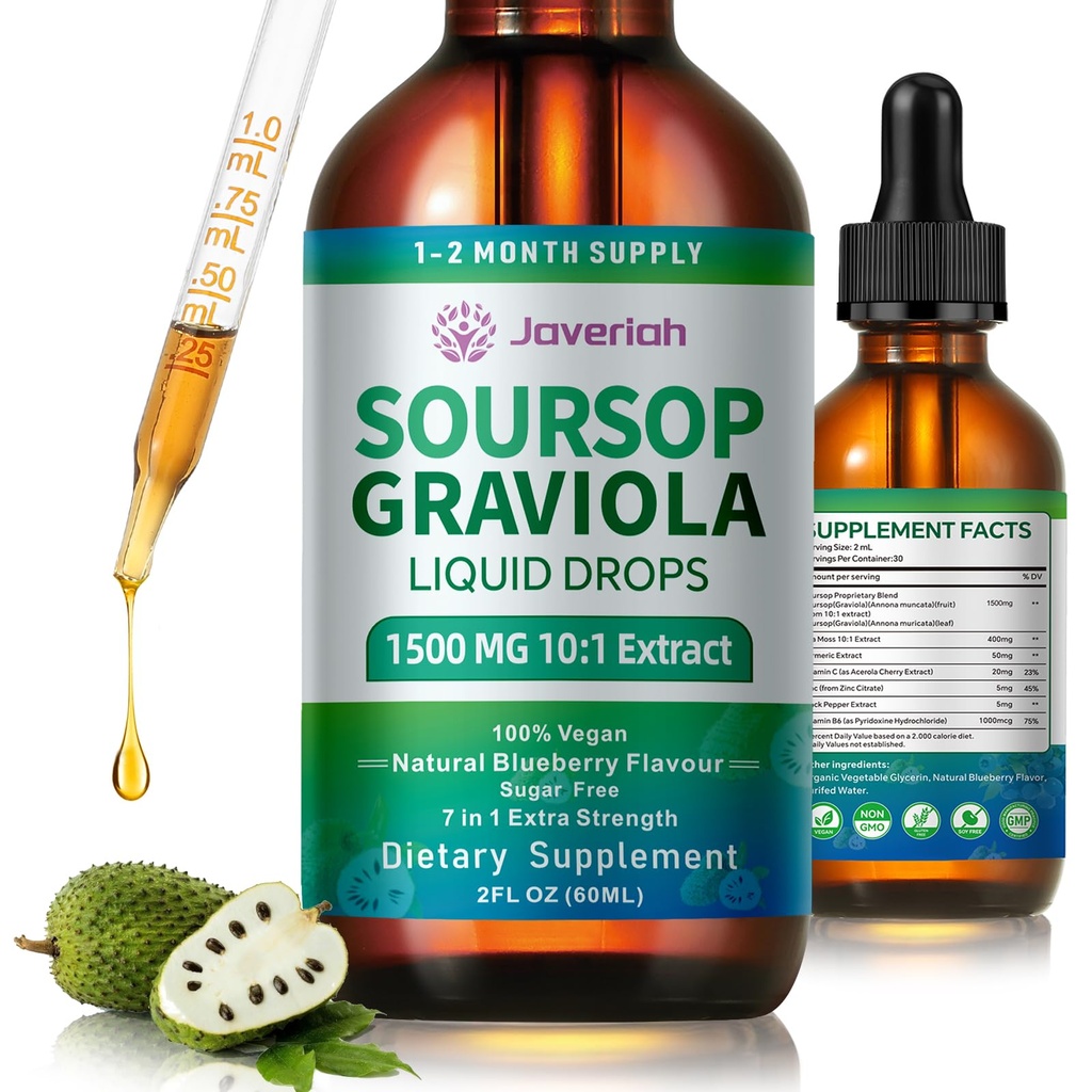 Soursop Graviola Liquid Drops Supplemento con Estratto di Moss Mare, Soursop Bitters Liquido per il supporto cellulare e la rigenerazione, Immunità, fegato, antiossidante, Graviola lascia l'estratto di 2 mesi di alimentazione 60ML