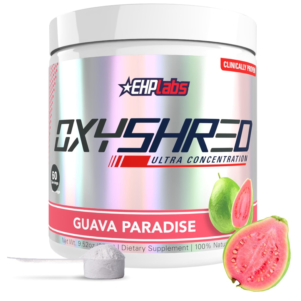 EHP Labs OxyShred Pre Workout Powder & Shredding Supplement - Polvere pre-allenamento con L Glutamina & Acetyl L Carnitina, Energy Boost Drink - Guava Paradise, 60 Serve