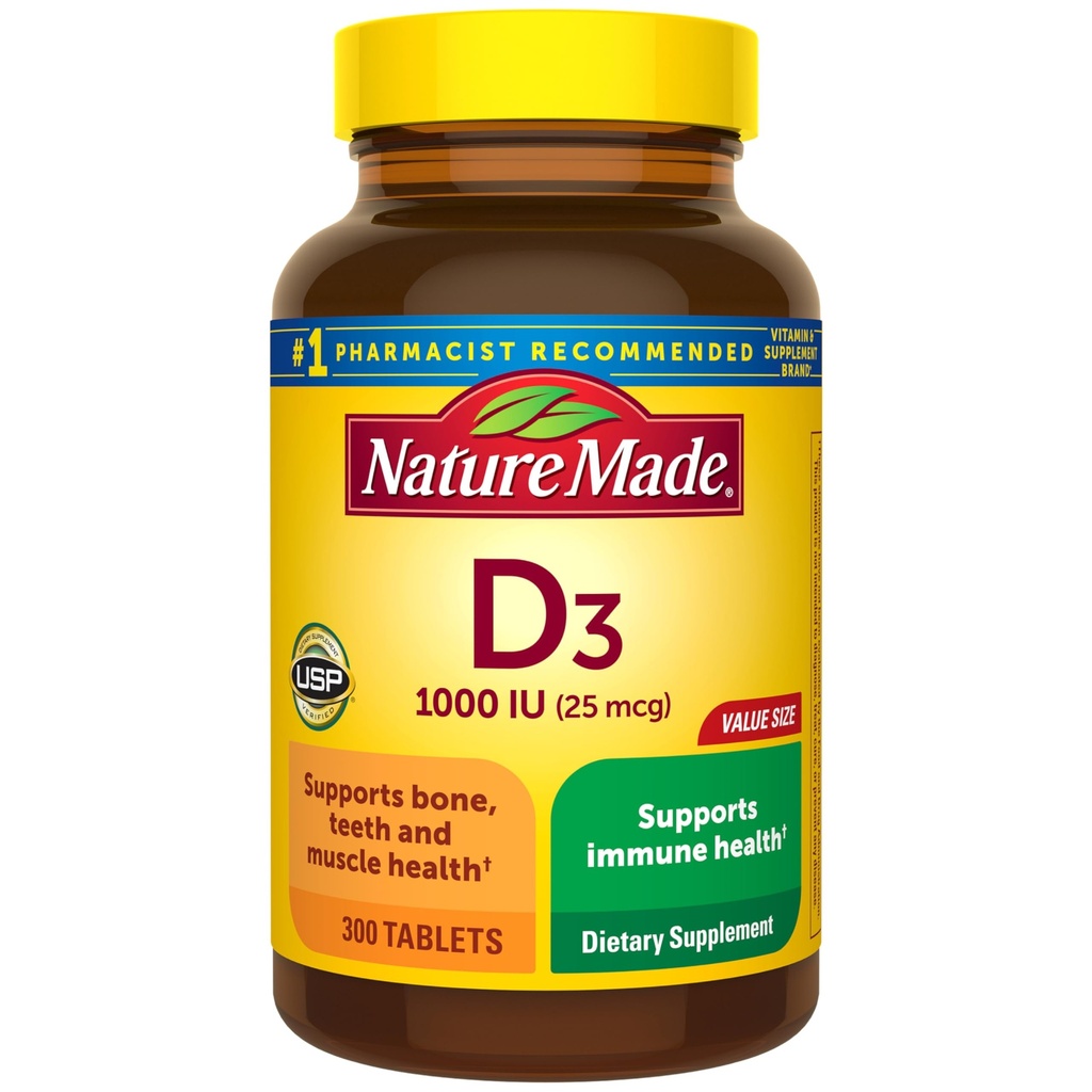 Vitamina D3 1000 IU (25 mcg), Integratore di vitamina D per Bone, denti, supporto per la salute muscolare e immunitaria, 300 compresse, alimentazione di 300 giorni