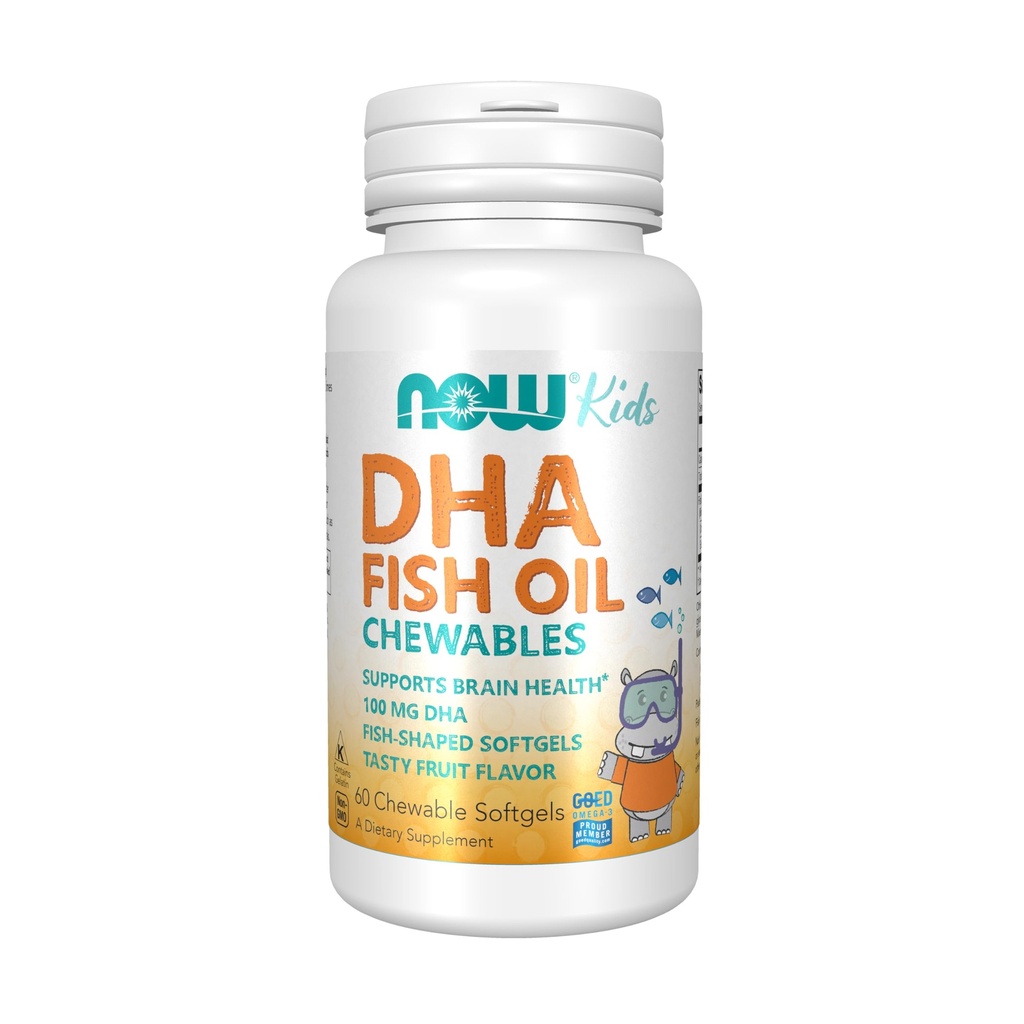 NOW Integratori alimentari, DHA Kids 100 mg, Supporta la salute del cervello*, Frutta aroma, 60 Softgels masticabili, l'imballaggio può variare