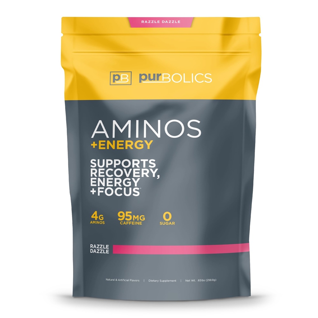 Purbolics Aminos + Energy | Supports Recovery, Energy & Focus | 95mg di Caffeina, 0 Sugar & 60 Servings (Razzle Dazzle)