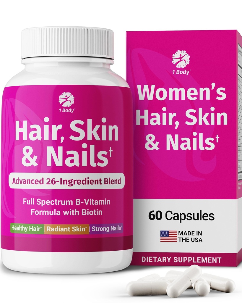 1 Body Hair Skin and Nails Vitamins with Biotin – Supplemento per la crescita dei capelli per le donne e gli uomini con 26 vitamine, minerali ed estratti di erbe – capelli più forti, pelle sana e unghie – 60 capsule vegane