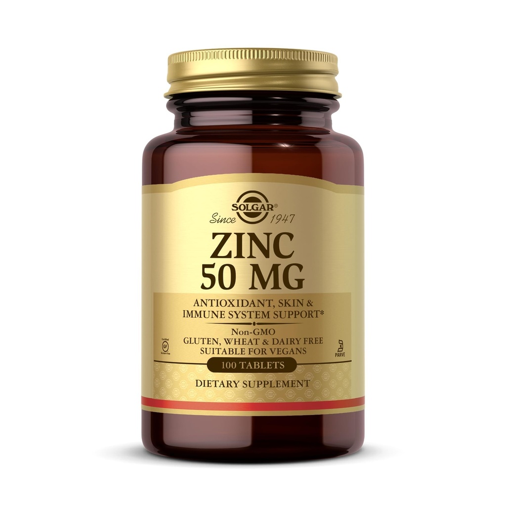 Solgar Zinc 50 mg, 100 compresse - Zinco per pelle sana, Gusto & Vision - Sistema immunitario e supporto antiossidante - Supporta la crescita cellulare e la formazione del DNA - Non OGM, Vegan, Gluten Free - 100 Serve