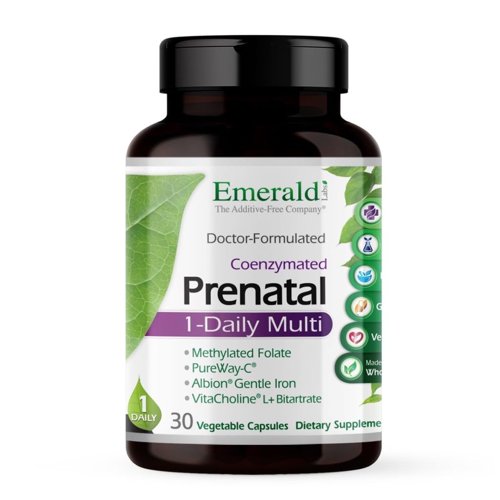 Emerald Labs Prenatal 1-Daily Multi - Multivitaminico Prenatale con Folato Metilato, Ferro da stiro, Miscela Tutto-Fod & More - Soy-Free, Gluten-Free - 30 Capsule Vegetali