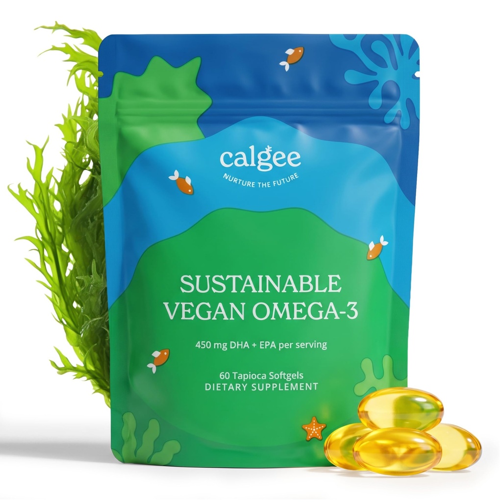 Calgee Vegan Omega 3-450mg DHA & EPA acidi grassi - Olio di alghe sostenibile - alternativa di olio di pesce piantato - Softgels senza Carrageenan (60 Ct)